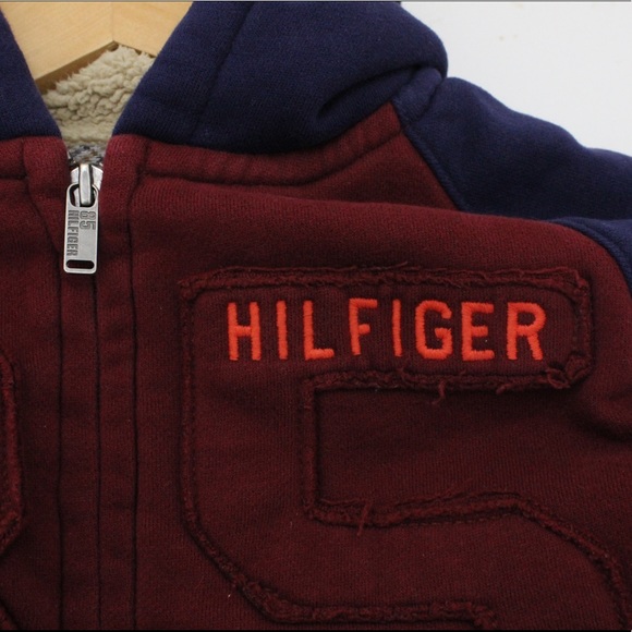 TOMMY HILFIGER Full Zip Hoodie Elbow Patches Faux Sherpa Fur Lined Heavy 12/14 - Picture 13 of 16